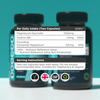 MOBU Magnesium Glycinate 1500mg with Vitamin B6 – 120 Vegan Capsules - High Strength - 315mg Elemental Magnesium - Pure with No Fillers or Binders UK Made