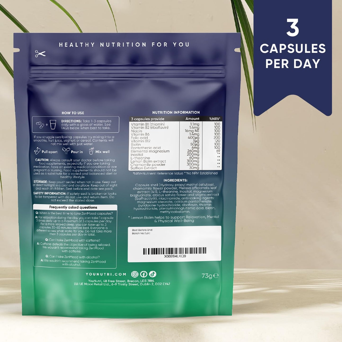 YouNutri ZenMood for Relaxation, Mental & Physical Well-Being with Lemon Balm, Magnesium Bisglycinate, L-Theanine, Chamomile and Saffron | Stress Relief & Mood Support | 1 Month Supply