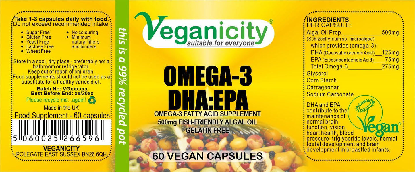 Veganicity Omega-3 DHA: EPA : Algal Oil Omega-3 Fatty Acid : 60 Vcaps, in a Planet-Friendly 99% Recycled Pot