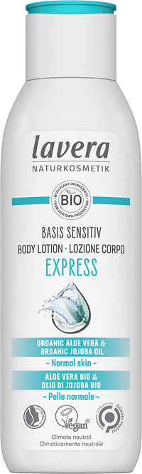 lavera basis sensitiv Body Lotion Express - Body Lotion - organic aloe vera & organic jojoba oil – deep moisture & long lasting care - 24h moisturizing care - natural cosmetics - vegan - organic (1 x 250 ml)