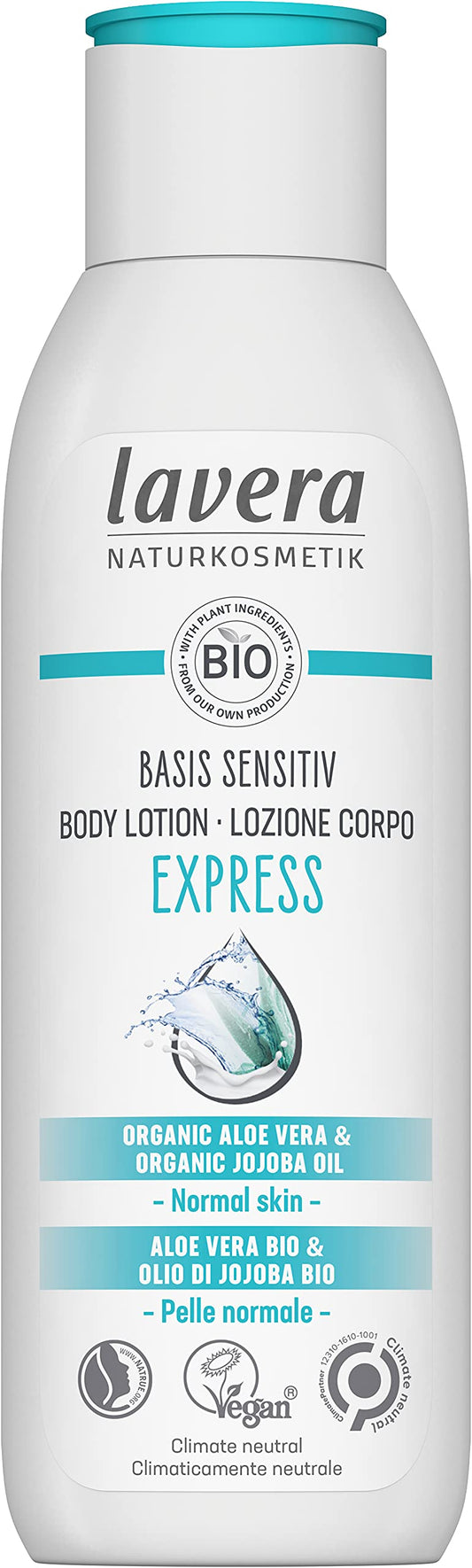 lavera basis sensitiv Body Lotion Express - Body Lotion - organic aloe vera & organic jojoba oil – deep moisture & long lasting care - 24h moisturizing care - natural cosmetics - vegan - organic (1 x 250 ml)