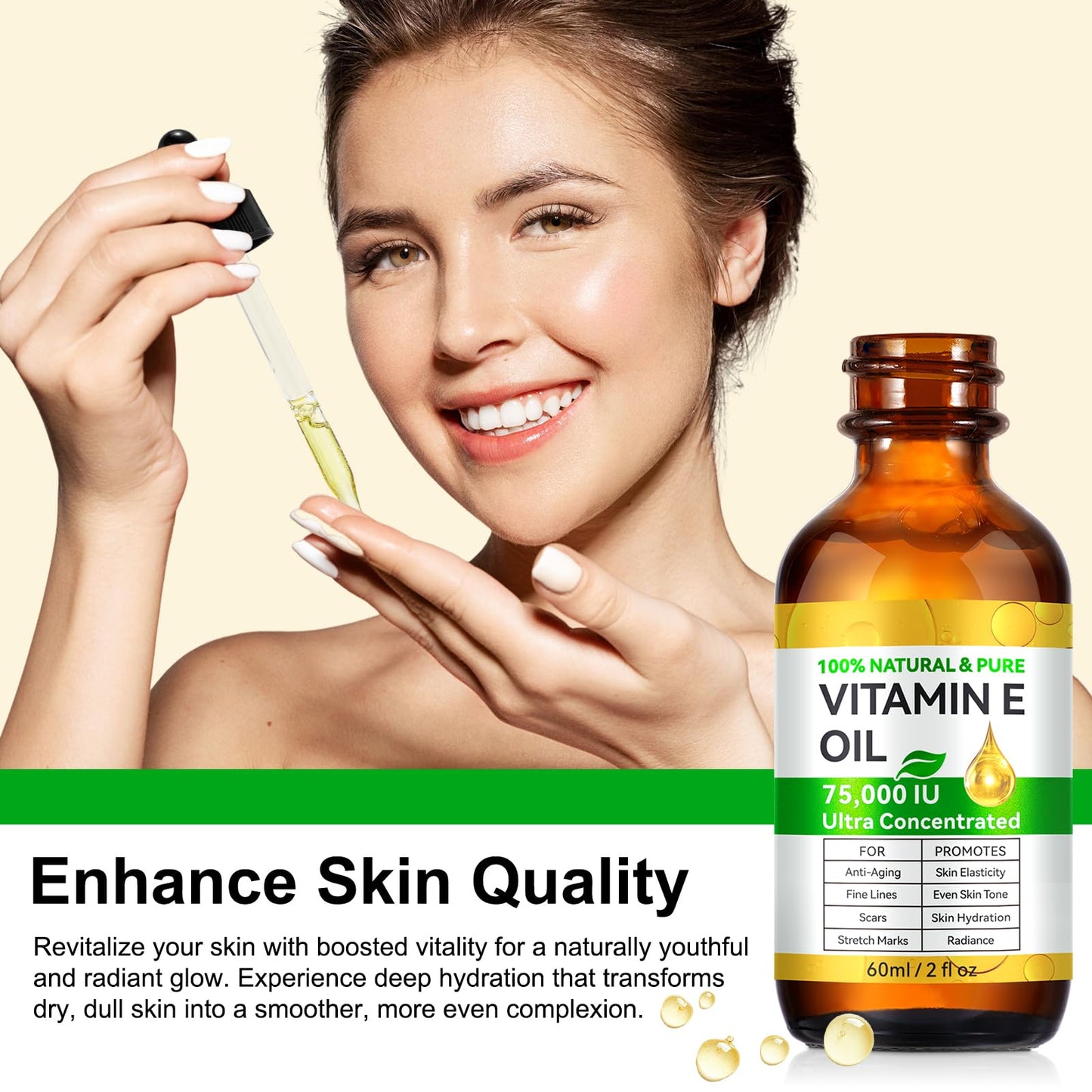 100% Pure Vitamin E Oil for Skin, Hair & Face, Body Bath Oils Moisturizing Dry Skin, Easy to Absorb, Non-GMO & Vegan, 2Fl Oz