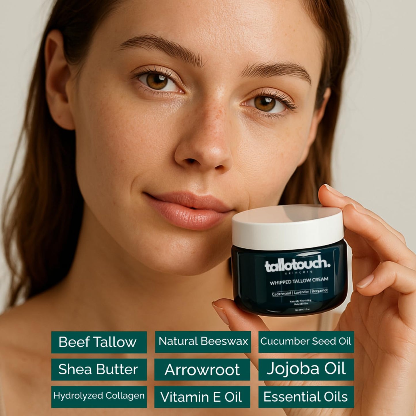 Tallotouch. Whipped Tallow Cream - 100% Grass-Fed Beef Tallow, Shea Butter, Collagen, Cucumber & Jojoba Oil – Deep Hydration for Face & Body, Fast Absorbing, Essential Oils