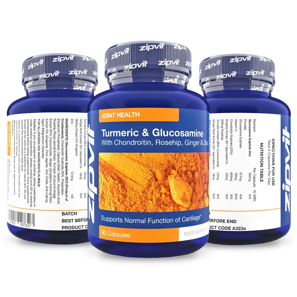 Turmeric Curcumin Plus Glucosamine and Chondroitin Complex with Added Vitamin C, Rosehip, Ginger and Zinc - 90 Capsules. Maintains Normal Joint Cartilage. UK Supplier