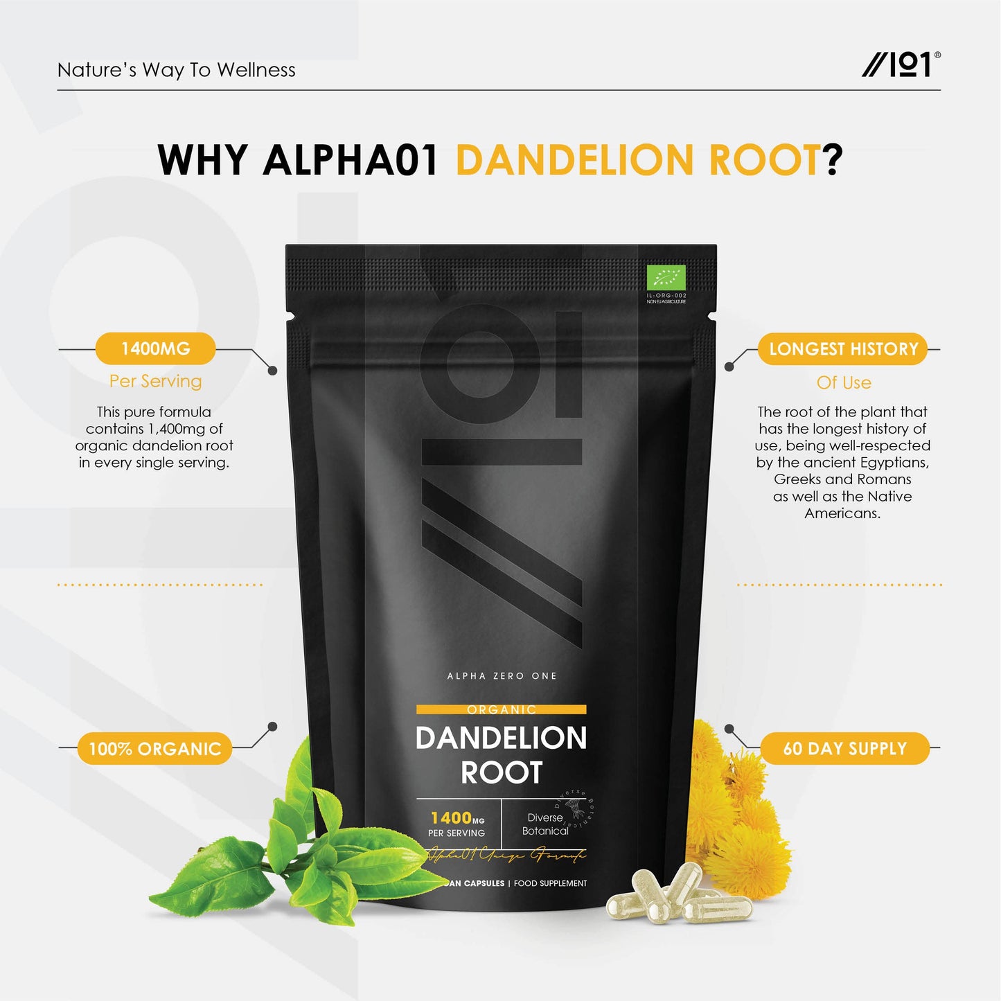 Organic Dandelion Root 1400mg - High Strength Taraxacum Officinale - Non-GMO, Gluten Free, Halal. ֿ120 Vegan Capsules