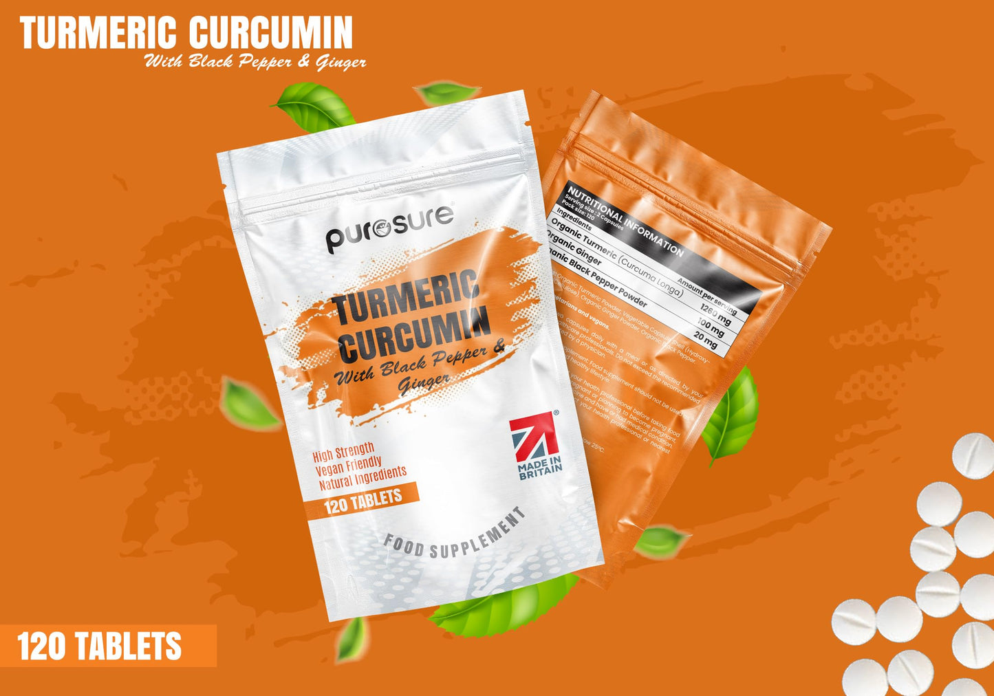 PuroSure Purosure Organic Turmeric (Curcuma Longa) Capsules High Strength and Organic Black Pepper with Active Curcumin with Organic Ginger - 120 Vegetarian and Vegan Organic Capsules