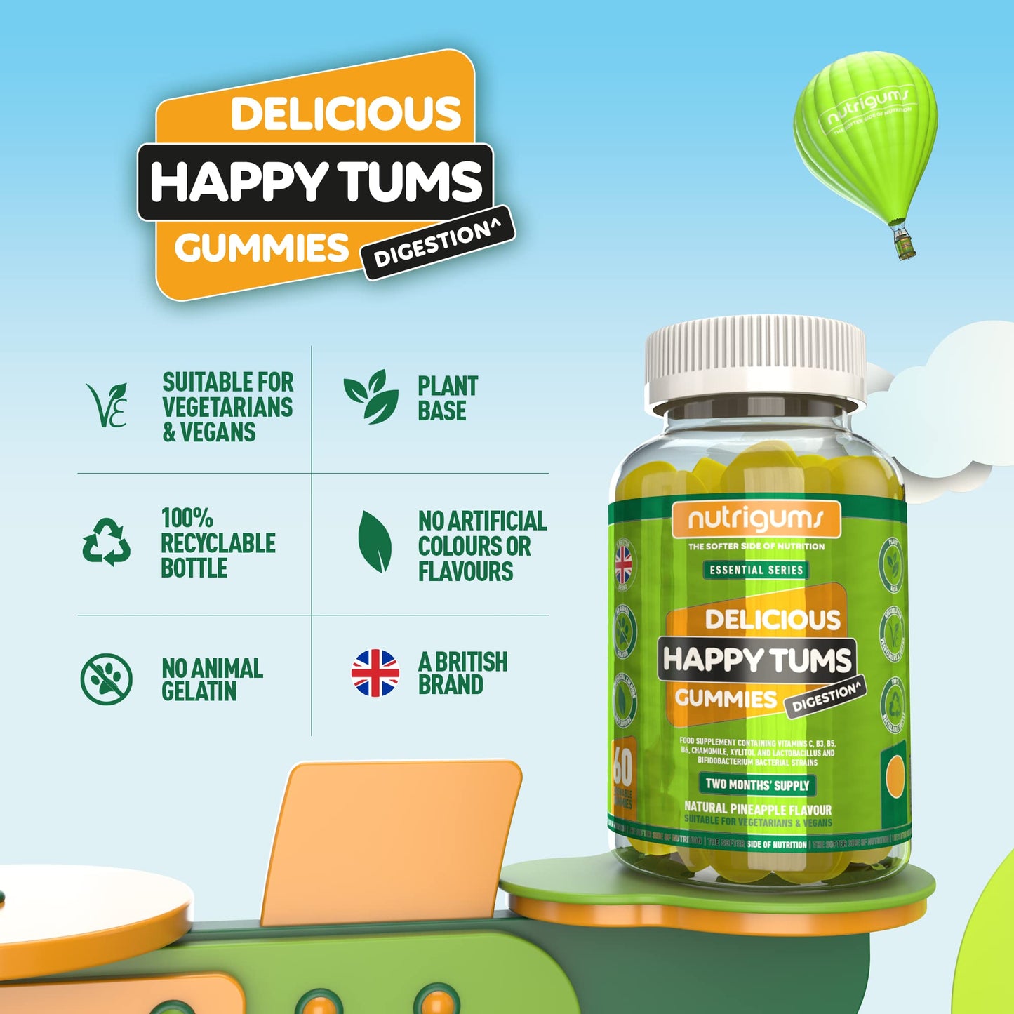 Nutrigums Happy TUMS Digestive Complex 60 Vegan Gummies. Pineapple Flavour. Gut Health with Probiotics 1.125 Billion CFU, Vitamins C, B3, B5, B6, Chamomile 1000mg and Xylitol. Two Months’ Supply by NUTRIGUMS®
