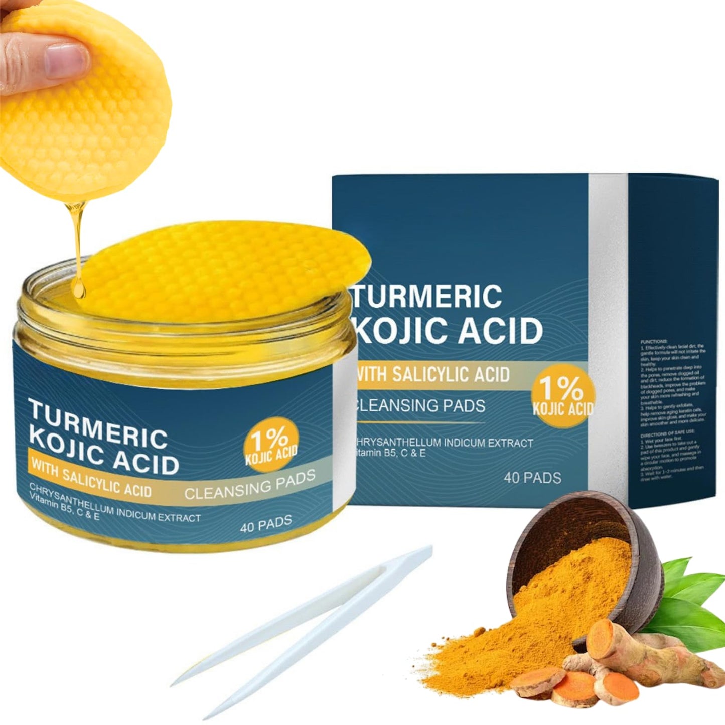 IZBEAUVO Turmeric Kojic Acid Cleansing Pads 40 - Turmeric Pads for Face Dark Spots, Face Exfoliator Pads, Dark Spot Remover for face, Turmeric Pads with Tweezers, Helps Balance Skin Oil And Water