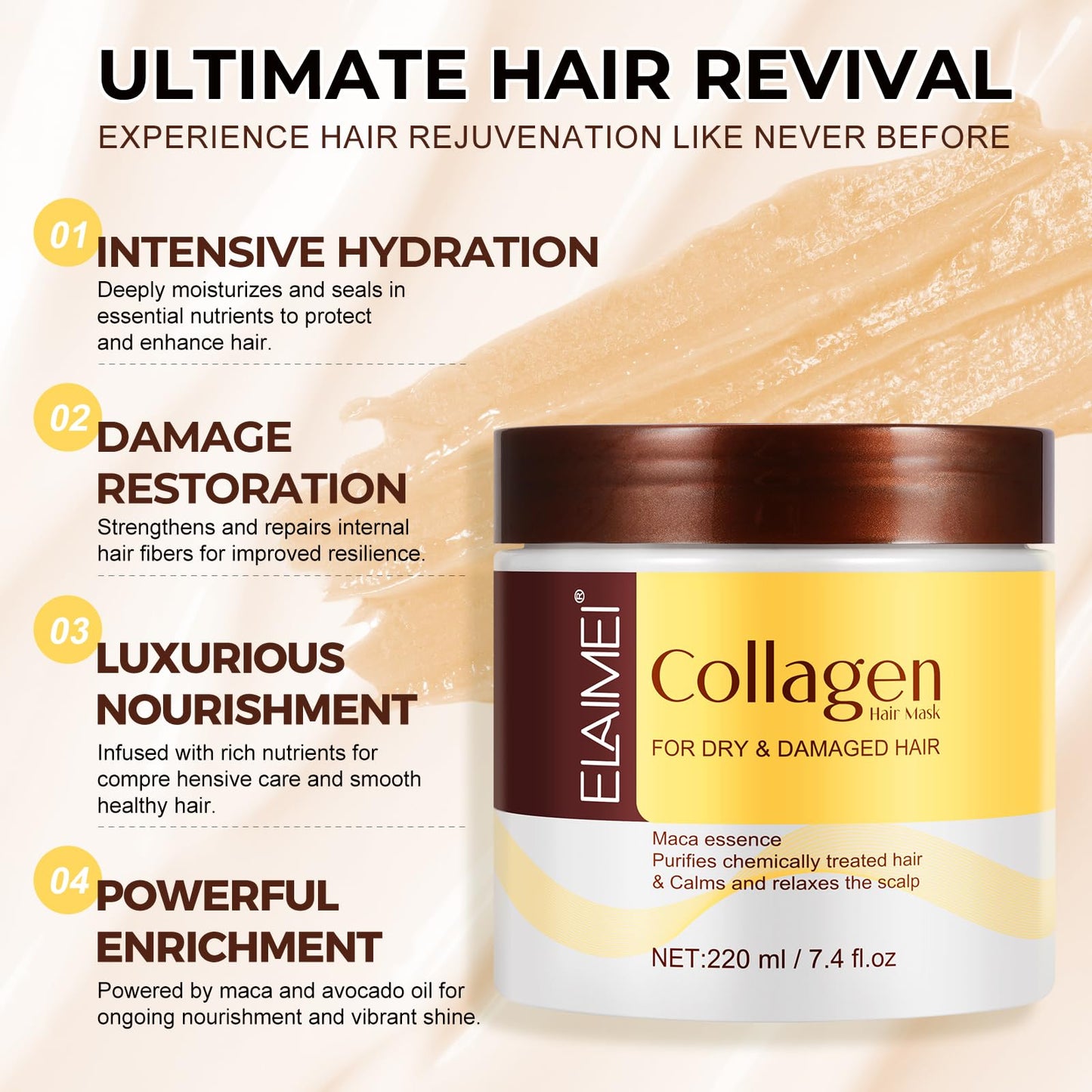 CiAIplw Collagen Hair Mask, Argan Oil Hair Mask Essence for Dry & Damaged Hair, Hydrating, Smooths and Nourishes, Deep Repair Hair Conditioner Mask for All Hair Types, 220ml