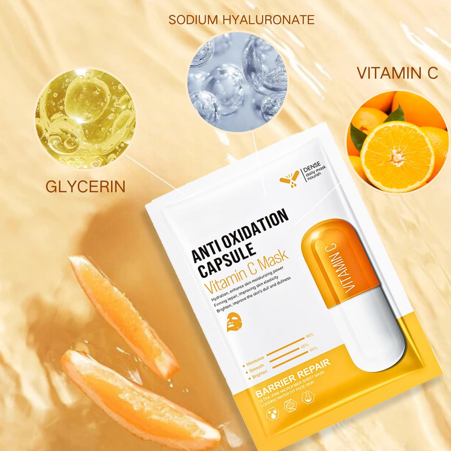 Trendyfave Vitamin C Sheet Mask 5PCS, Vitamin C Face Masks Skincare With Hyaluronic Acid, Anti Oxidation Capsule Face Mask Set, Firming Repair Face Mask, Hydrating Face Mask For Dehydrated, Dull And Tired Skin