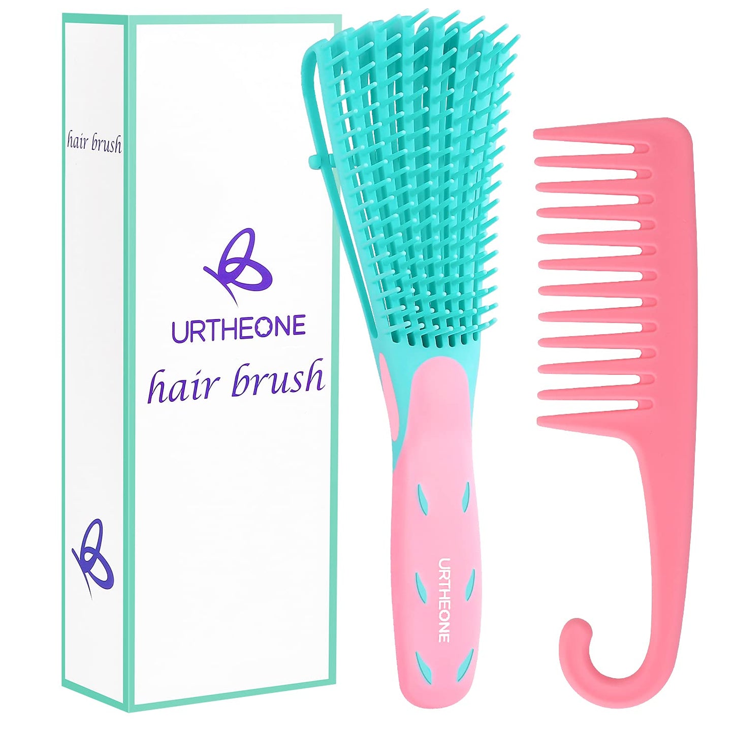 URTHEONE Hair Brush,Detangle Hair Brush, Detangler Brush for Women Men Adults Kids Afro American Type 3a-4c, Detangling Nylon Bristle Brush for Kinky Curly Coily Wavy Wet and Dry Hair,Pinkgreen