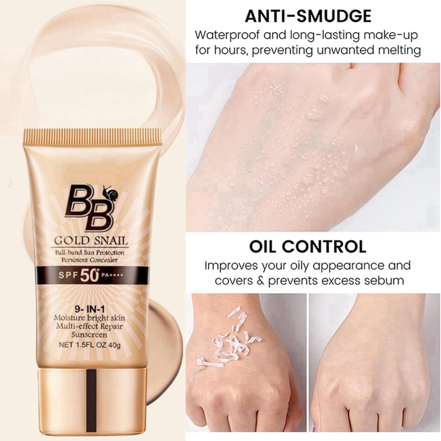 Ruojiar 2pcs BB Cream Light,SPF 50+ Gold Snail Sunscreen,BB Cream Medium,Tinted Moisturiser Face Women,BB Cream Tinted Moisturizer with SPF,Hydrating BB Cream Foundation,Color Correcting Cream(Natural)