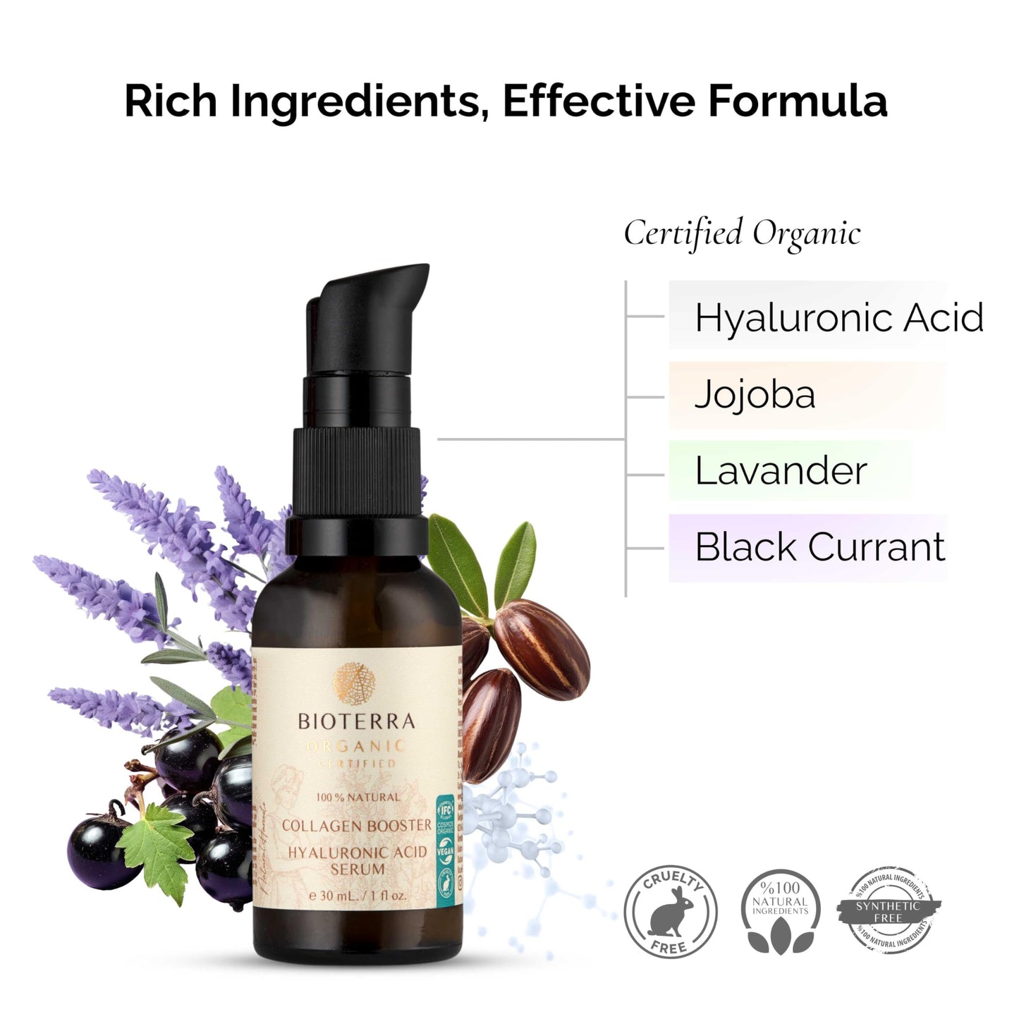 Bioterra Organic Collagen Booster Hyaluronic Acid Serum, Face Moisturiser, Natural Ingredients with Jojoba and Lavender, 30 ml
