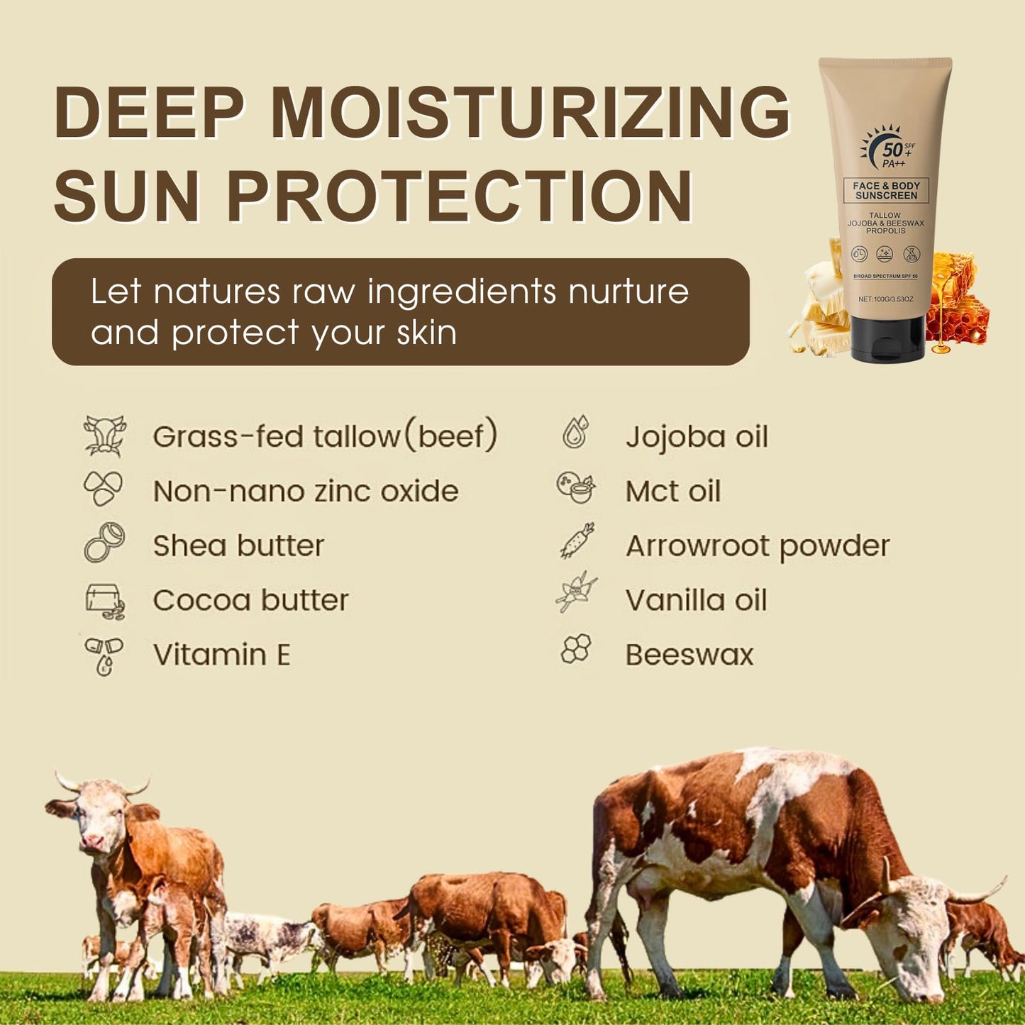Lumiter Tallow Sunscreen SPF 50 Face and Body, Beef Tallow Sunscreen for Face, Natural Sun Cream SPF 50, 100g