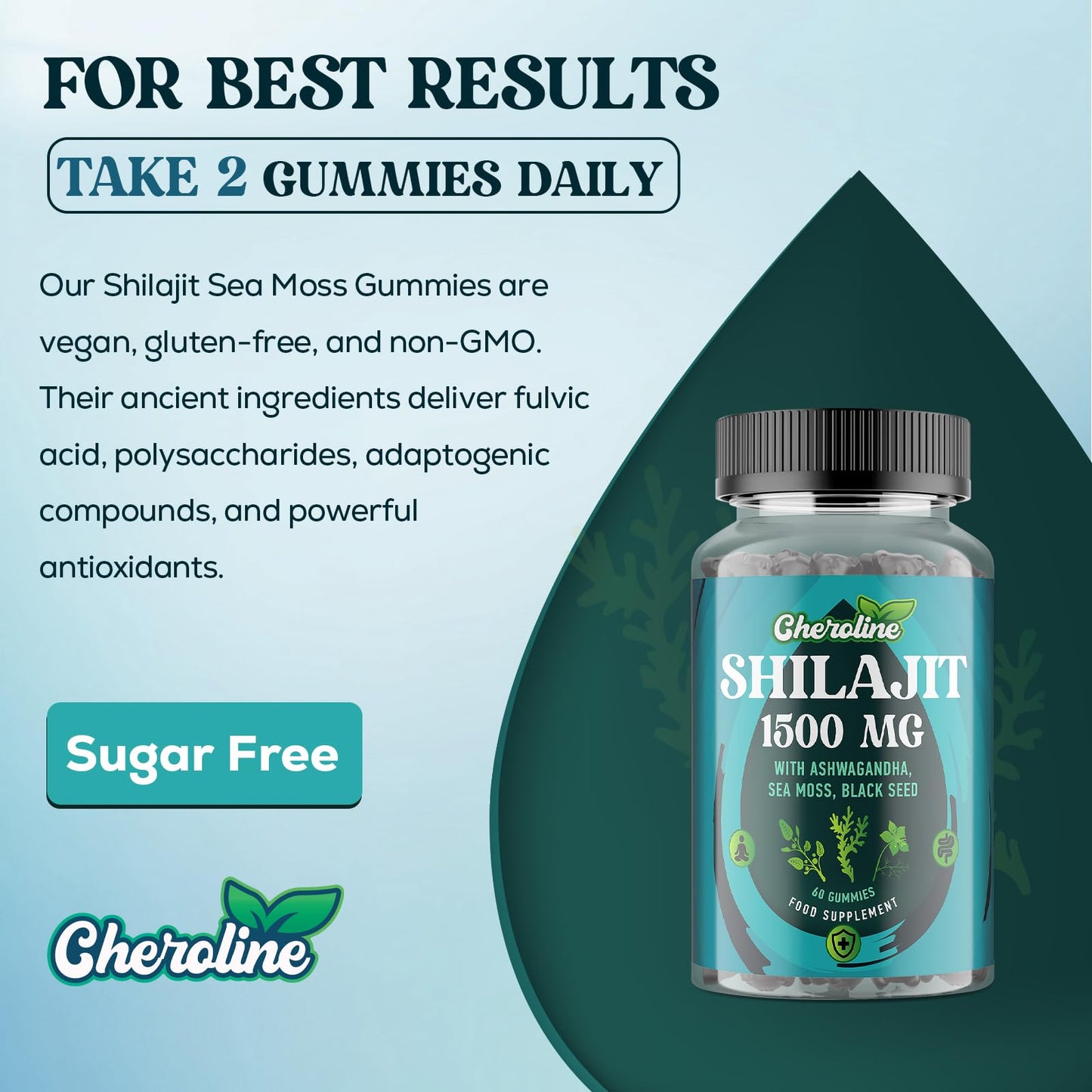 Cheroline Shilajit Sea Moss and Ashwagandha Gummies 1500mg Per Serving, Enriched with 60% Fulvic Acid & 85+ Trace Minerals, High Strength Complex for Energy, More Convenient Than Resin (60 Count (Pack of 2))