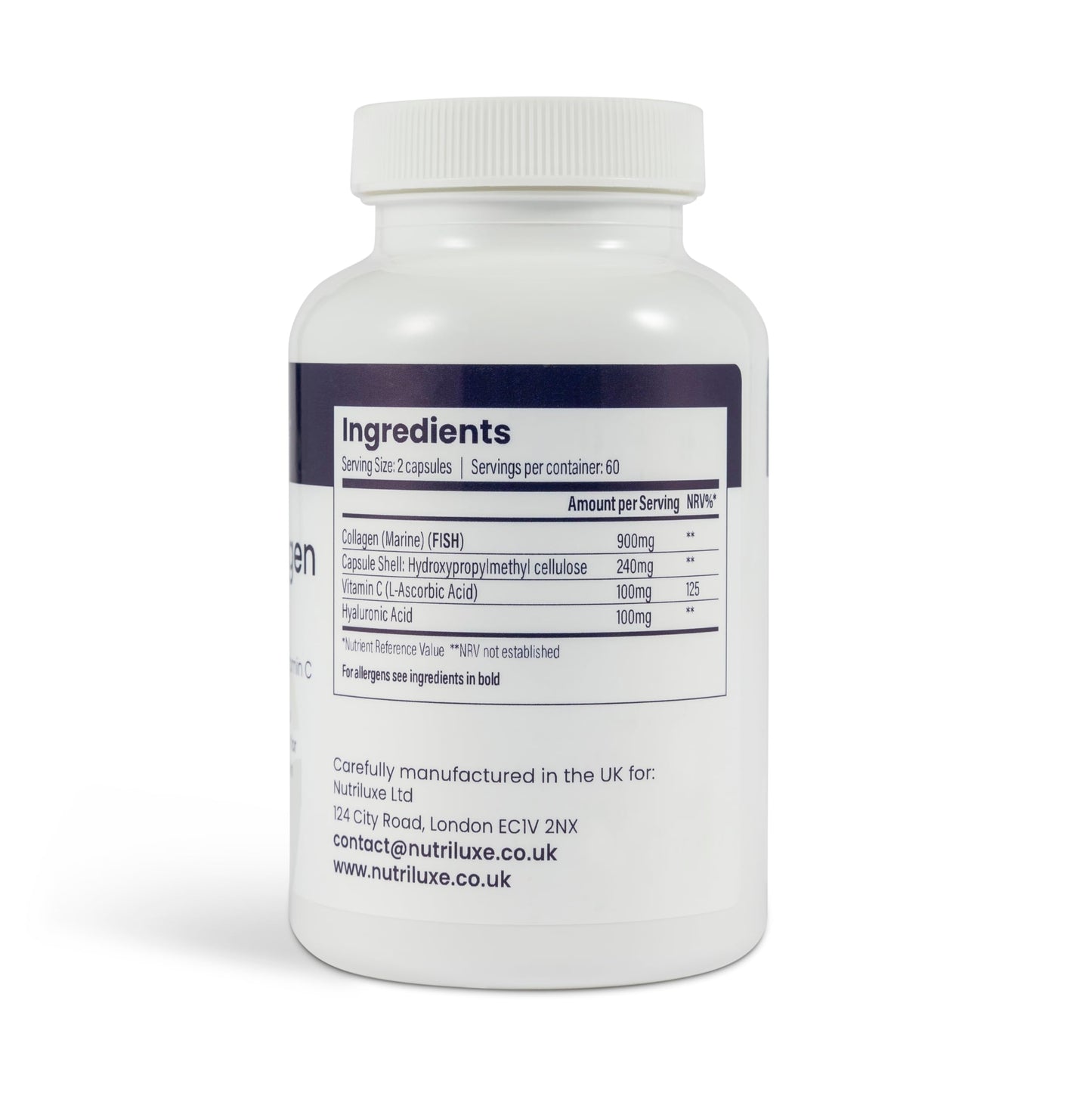 nutriluxe Nutriluxe 900mg Marine Collagen with Vitamin C and Hyaluronic Acid Supplements - 120 Capsules of Hydrolysed Type 1 Marine Collagen for Skin - Natural Skin Hair and Nails Supplement