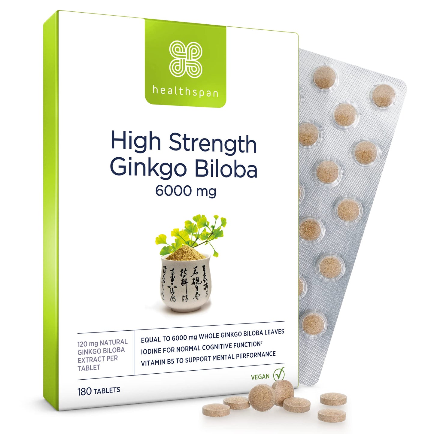healthspan Healthspan Ginkgo Biloba 6,000mg | High Strength | 180 Tablets | Iodine | Vitamin B5 | Flavone Glycosides | Vegan