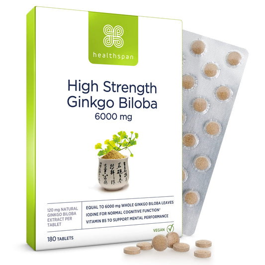 healthspan Healthspan Ginkgo Biloba 6,000mg | High Strength | 180 Tablets | Iodine | Vitamin B5 | Flavone Glycosides | Vegan