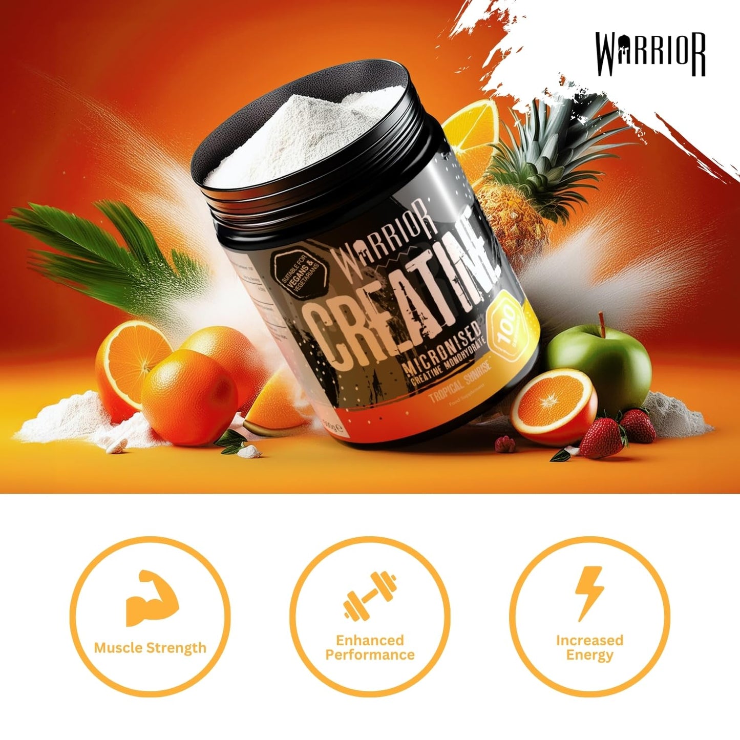 Warrior Creatine Monohydrate Powder – Micronised for Easy Mixing and Consumption – 100% Pure Creatine – Proven to Improve Physical Performance & Recovery, 5g Servings (Tropical Sunrise, 500g)