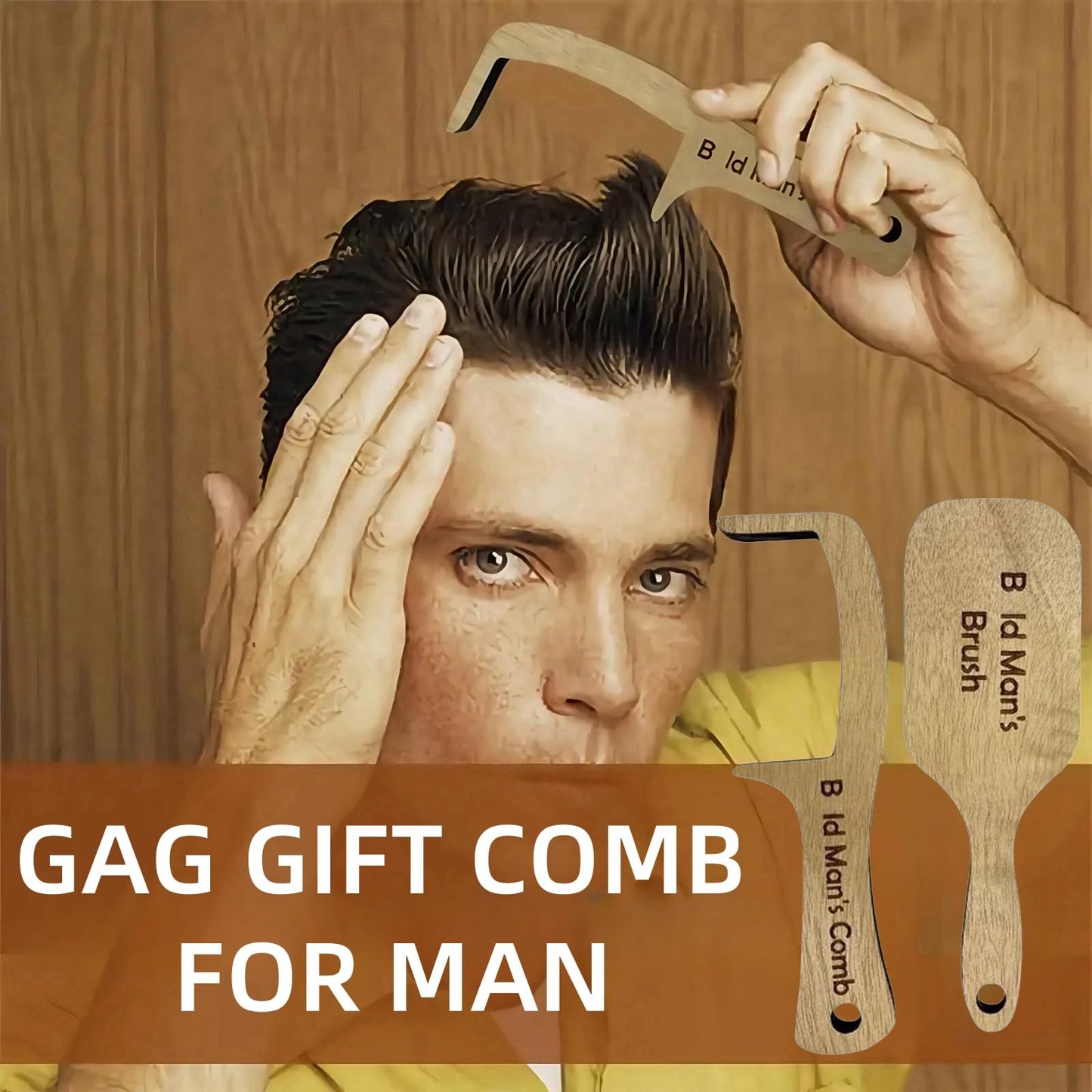 Jinjiar 2 Ba-ld Man Comb,Wooden Funny Hairbrush Comb,Joke Pranks for Adults,Humorous Toothless Combs Blad Mans Brush,Presents for Men,Hair Combs for Men,Ba-ld Mans Comb and Brush,Wooden Hair Comb,Ba-ld Comb