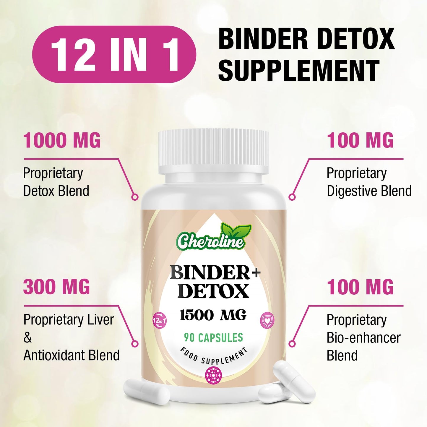 Cheroline Binder Detox & Gut Cleanse Capsules 1500mg, Activated Charcoal Complex with Probiotics, Chlorella & Turmeric, Liver & Digestive Support, Vegan & Natural (90 Count (Pack of 1))