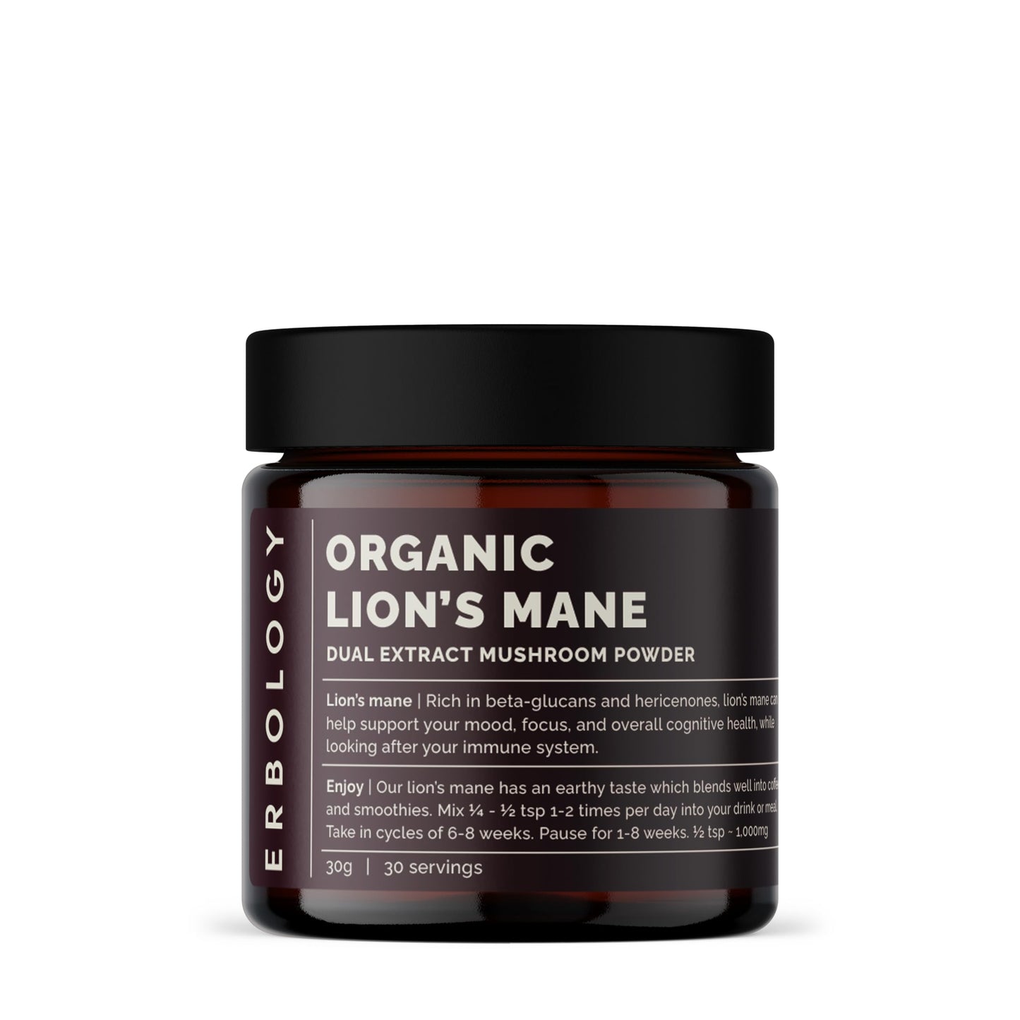 Erbology Organic Lion’s Mane Dual Extract Powder 30 Servings - 30% Beta-glucans and Erinacine A 1.6mg/g - Calm and Focus - Hericium Erinaceus - Sustainably Grown in Europe - Vegan - No Added Fillers