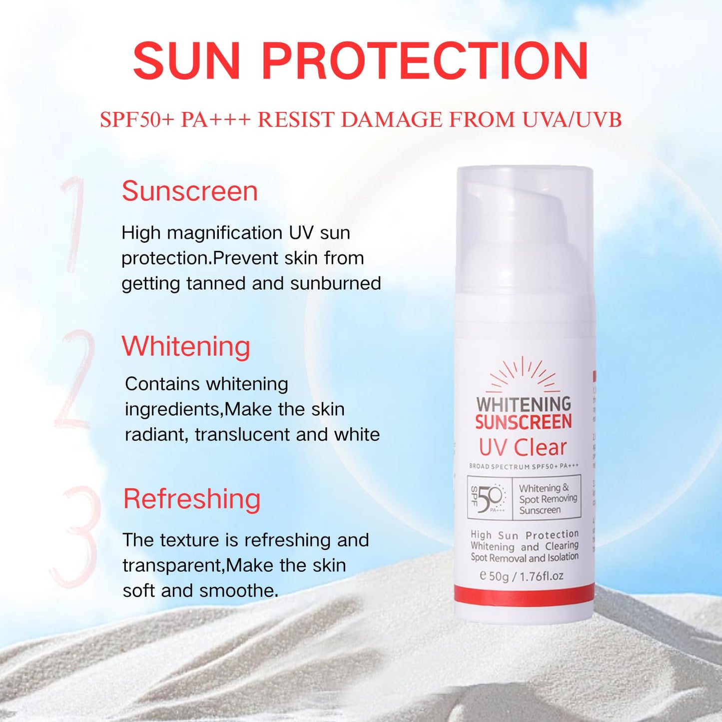 Cureluxe Whitening & Spot Removing Sunscreen SPF50+ Face Moisturiser,Light Texture,Non-greasy Sun Cream, Protects & Hydrates Skin for Sun Protection,Water Resistant Factor 50 Cream for Face care,50g