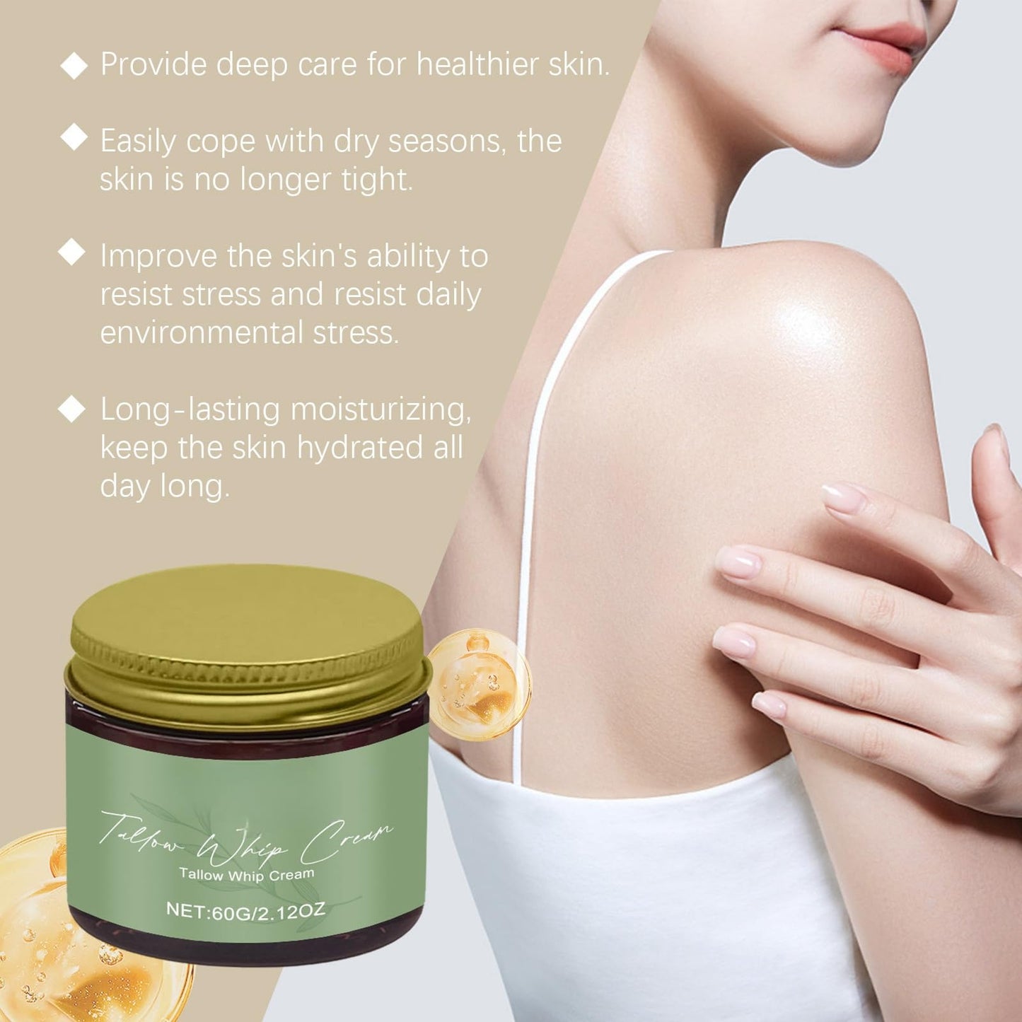 Jinjiar Beef Tallow for Skin,Grass-fed Beef Tallow with Frankincense Oil & Castor oil,Deeply Nourishing for Face & Body Tallow Cream,Beef Tallow Skin Care,Castor Oil Organic,Frankincense Oil for Skin 60g