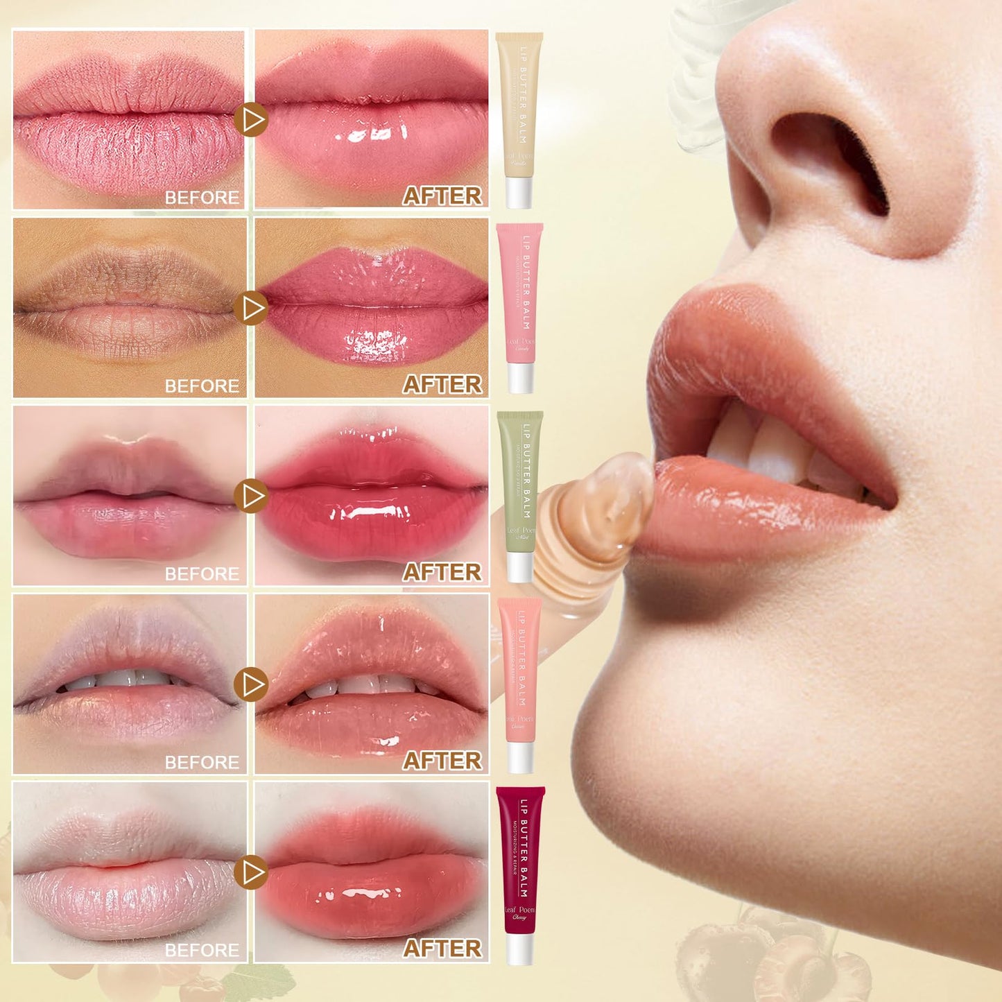 Ledeak Summer Lip Balm, 4PCS Summer Lip Butter Balm, Nourishing Glossier Lip Balm, Plumping Tinted Lip Butter, Moisturizing Natural Lip Gloss Set for Men Women Chapped Lips (Vanilla+ Candy+Mint+Cream)