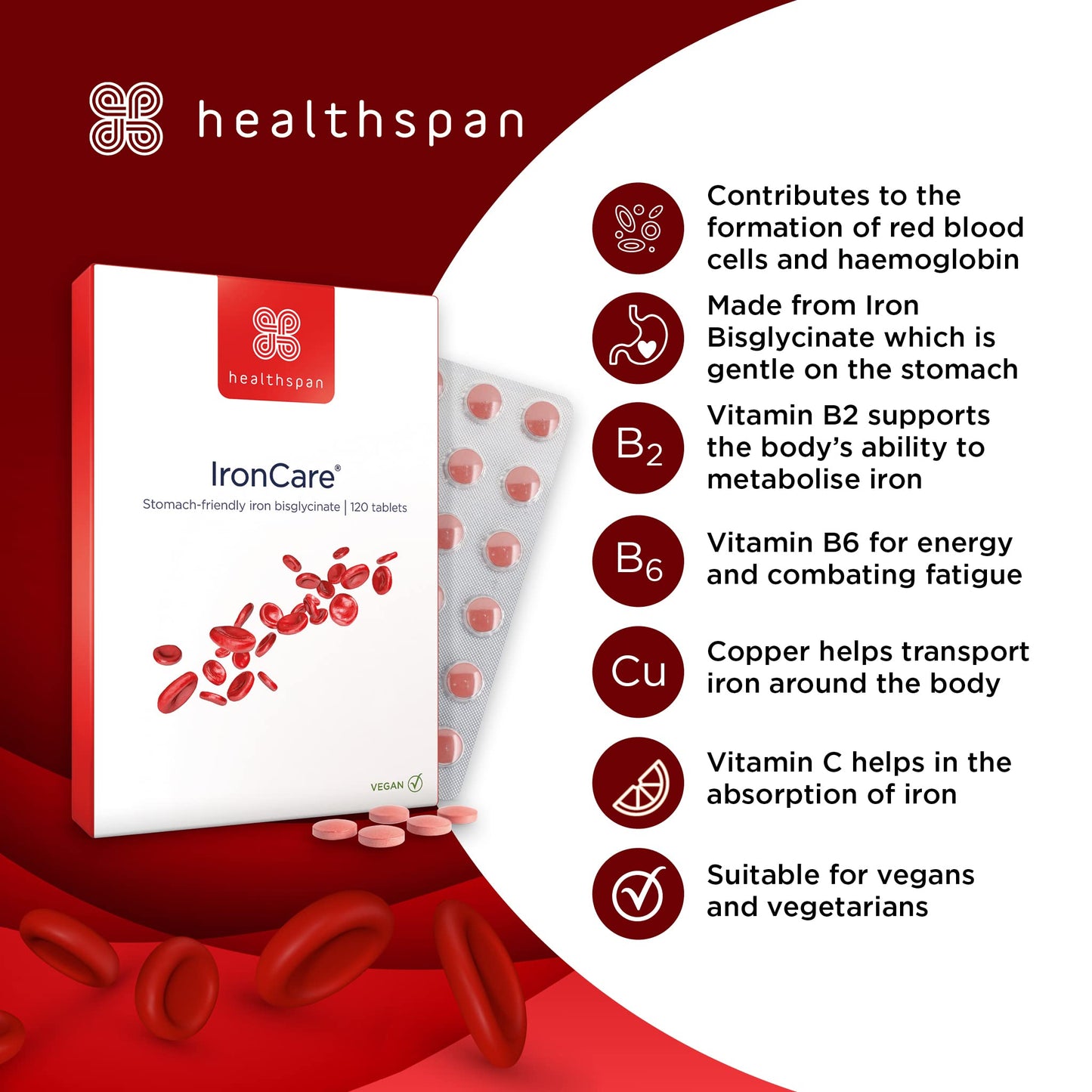 Healthspan IronCare (120 Tablets) | Added Vitamin C & B2, B6 & B12 | Stomach Friendly | Combats Tiredness & Fatigue | Supports Red Blood Cell Formation | Vegan