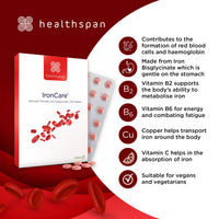 Healthspan IronCare (120 Tablets) | Added Vitamin C & B2, B6 & B12 | Stomach Friendly | Combats Tiredness & Fatigue | Supports Red Blood Cell Formation | Vegan