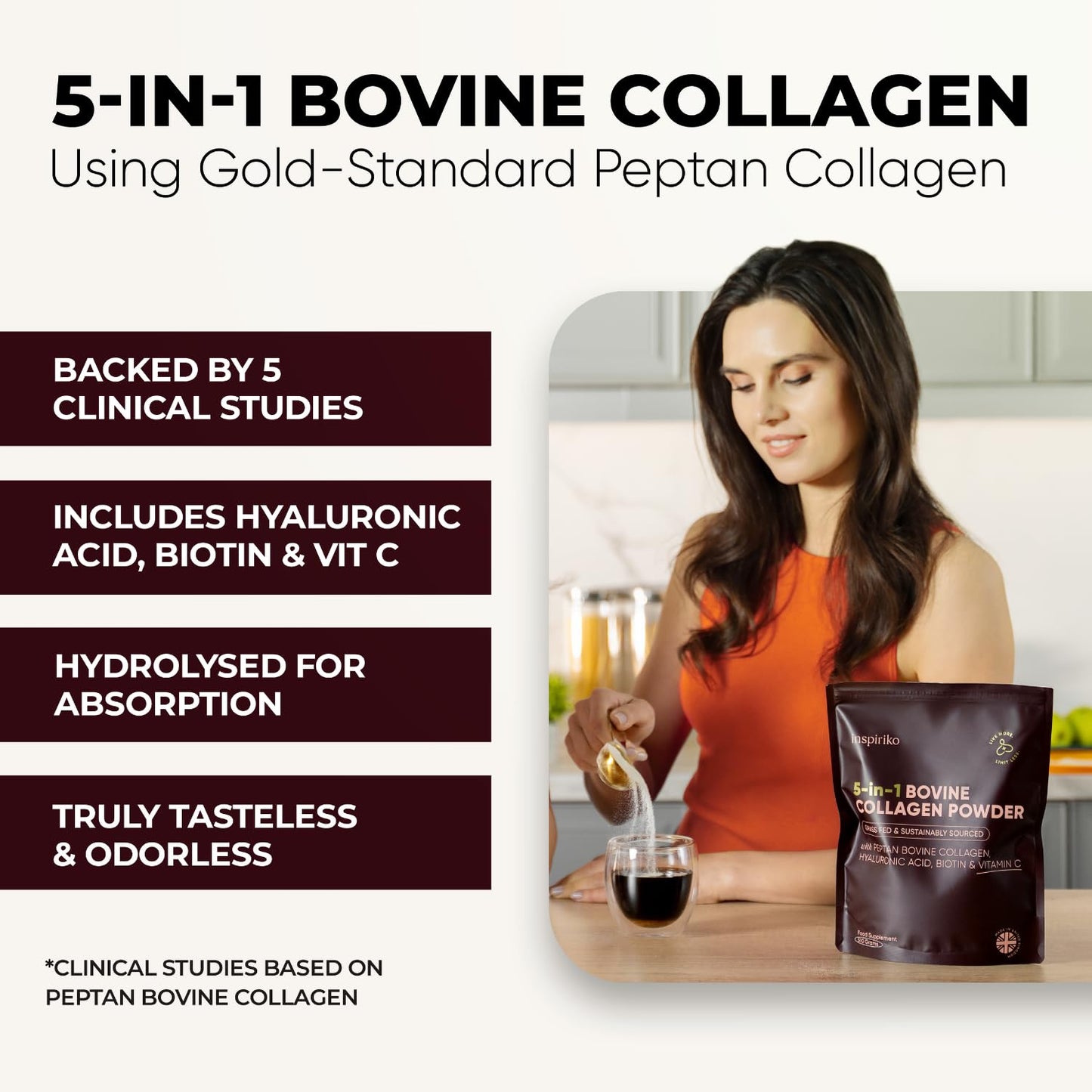 Inspiriko Bovine Collagen Powder for Women. Award Winning, 50 Servings, Hydrolyzed Collagen Supplements for Women with Hyaluronic Acid, Biotin & Vitamin C. EU Grass-Fed, Unflavoured 510g