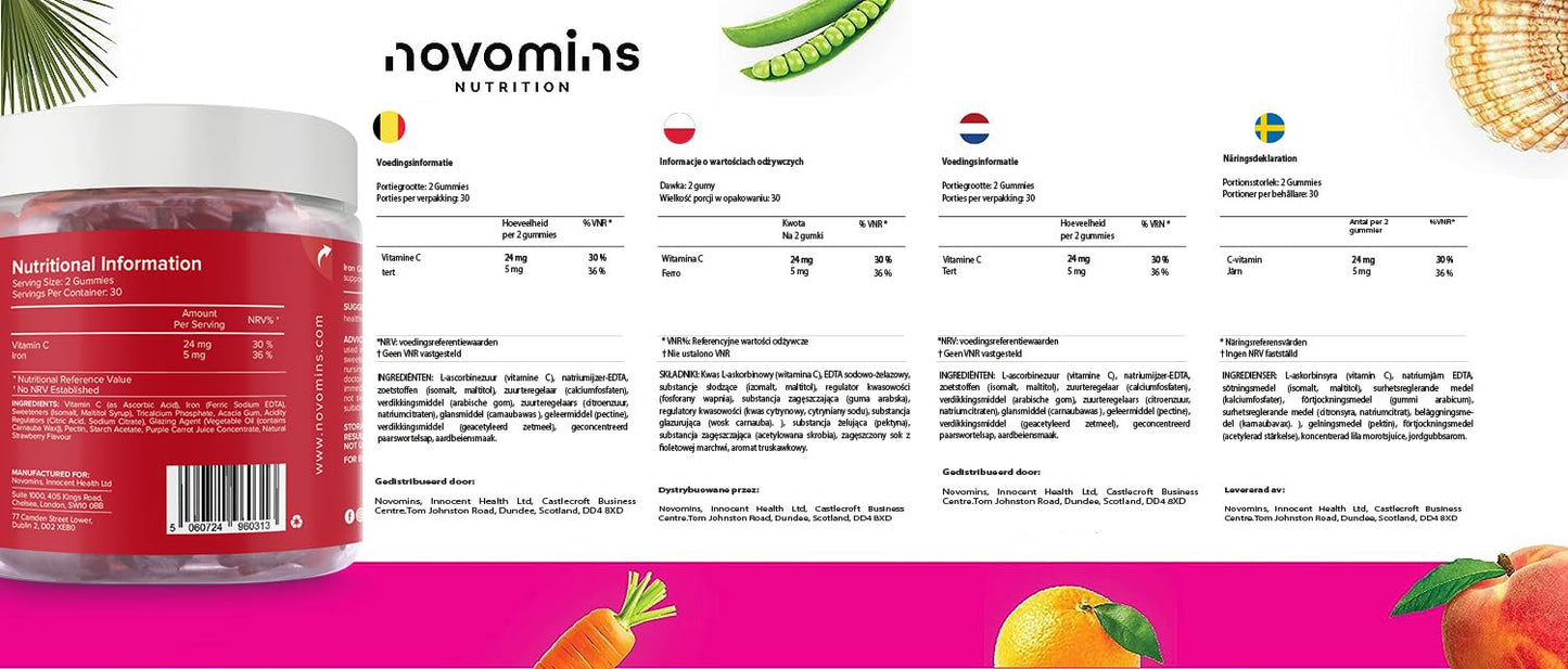 Iron Gummies – Sugar Free - High Strength Iron Supplement for Women and Men – Vegan – 1 Month Supply – Chewable Iron Gummies - Immunity & Energy Supplements for Adults - Made by Novomins