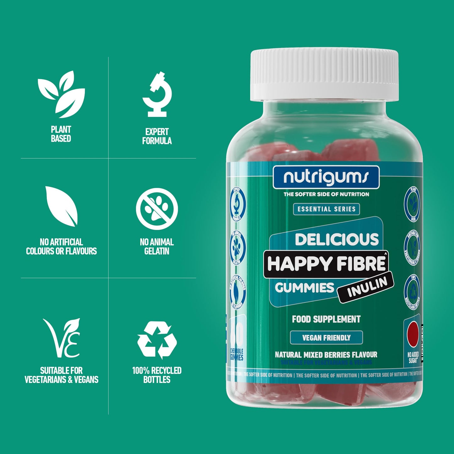 Nutrigums Happy Fibre (Inulin) Chicory Root Prebiotic Gummy | 3.8g Fibre | Mixed Berry Flavour | 60 Vegan Gummies | No Added Sugar | Gut Health and Digestive System Support by NUTRIGUMS®
