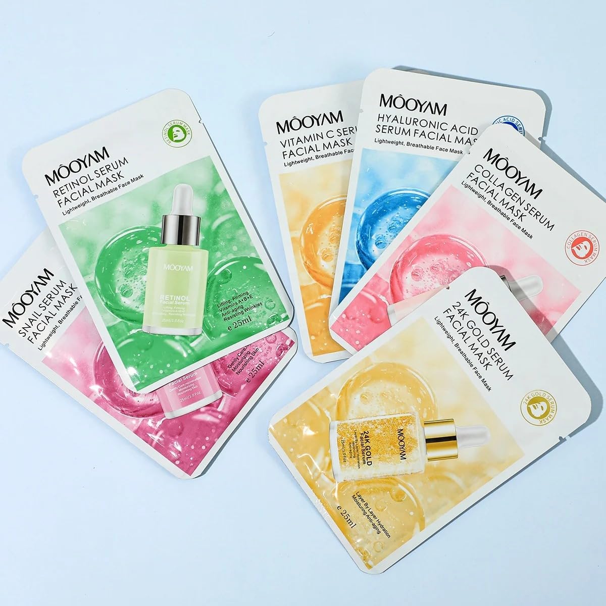 MOOYAM 6-pack Face Mask Set Collagen, Vitamin C, Retinol, Snail Serum, Hyaluronic Acid, Moisturizing Anti-Wrinkle Brightening Blackhead Remover Anti-Ageing Skin Revitalizer Acne All Skin Types