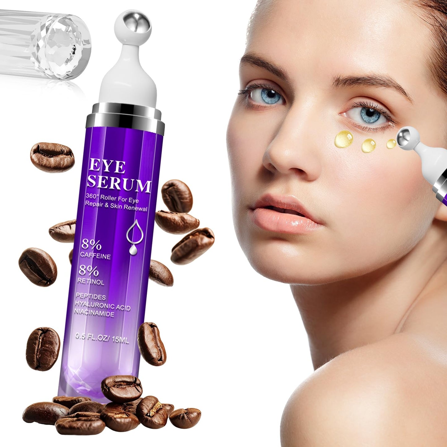 QUANHAO Eye Serum with 8% Caffeine 15ml 2 Pack, Under Eye Serum for Dark Circles and Puffiness Eye, Wrinkles and Fine Lines, Eye Cream, Under Eye Treatment Replumps, Brightens And De-Puffs Eyes