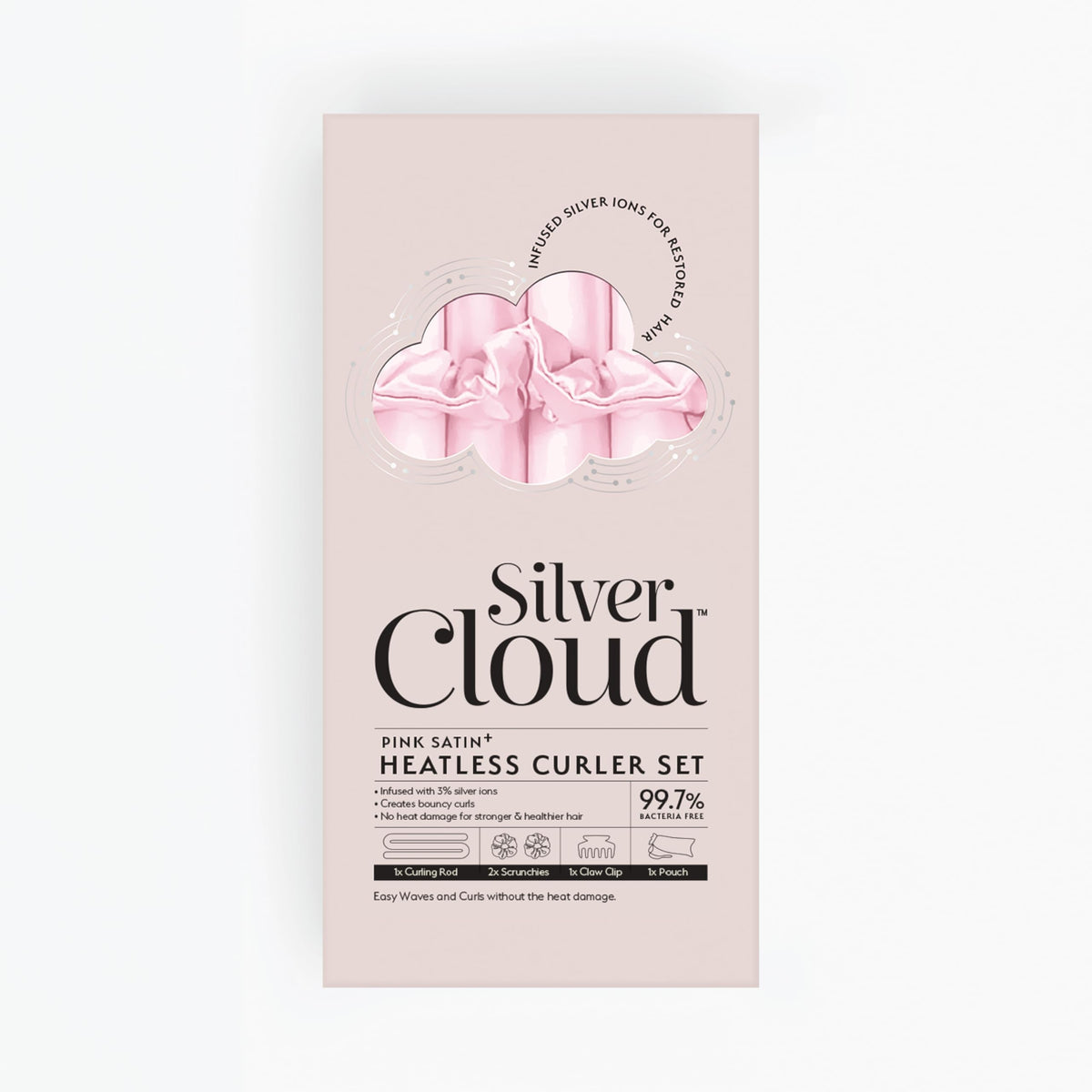 SILVER CLOUD Silver Cloud Satin Heatless Curler Set Infused with Silver Ions – Effortless Curls, No Heat Required (Pink, Medium)