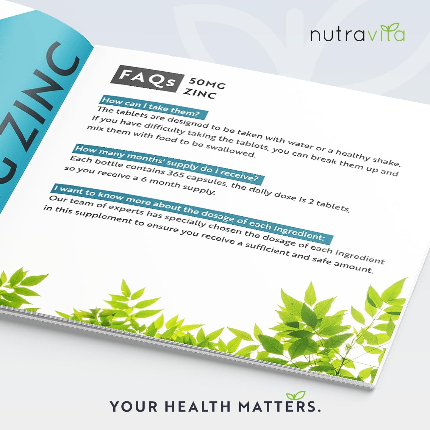 Zinc Tablets 50mg – 365 Vegan Tablets for 6 Months Supply – Zinc Supplement High Strength for Maintenance of Normal Immune System, Bones, Hair, Skin & Nails – Made in The UK by Nutravita