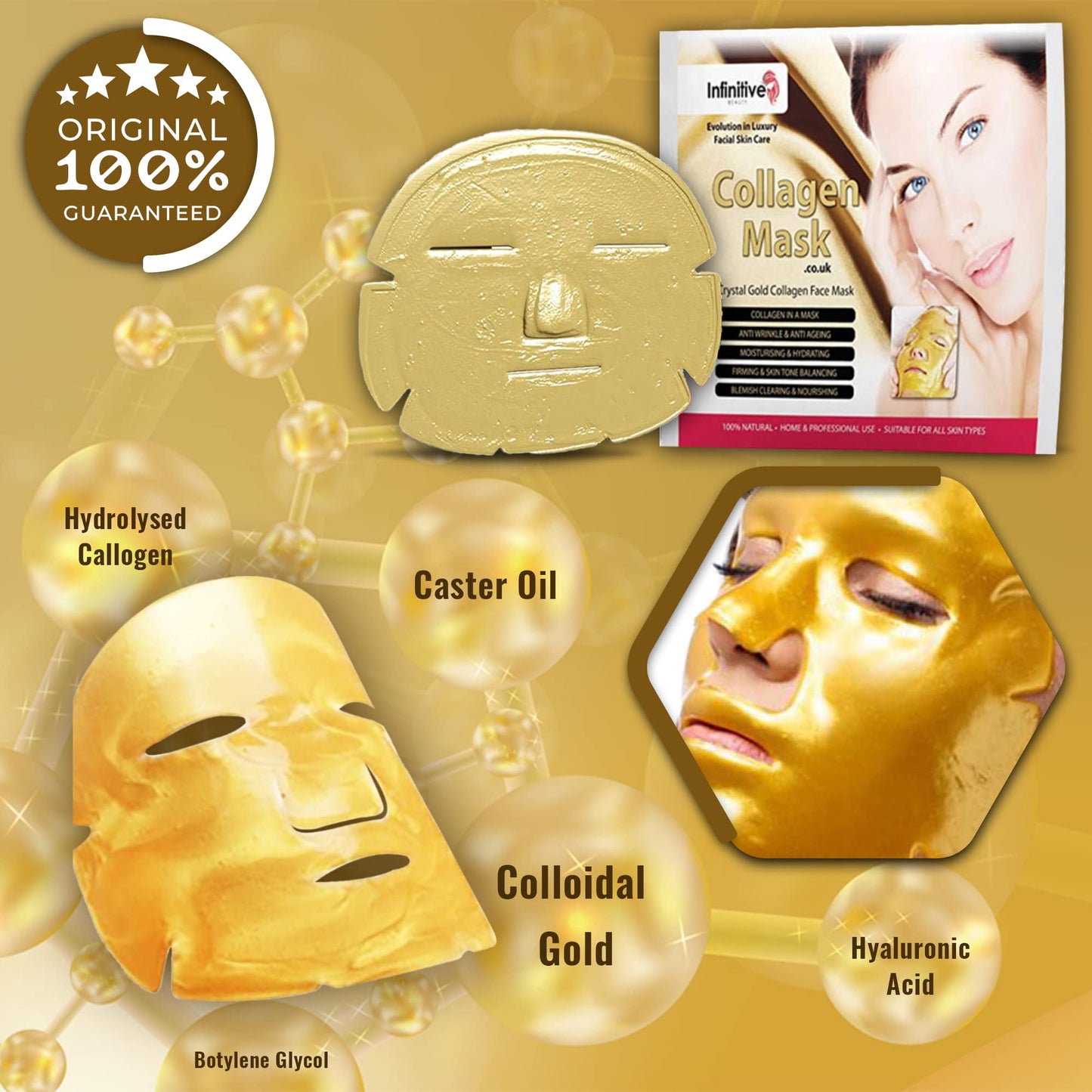 Glamza Infinitive Beauty Collagen Face Masks – Gold Face Mask Hydrates, Rejuvenates & Moisturises Skin (x2)