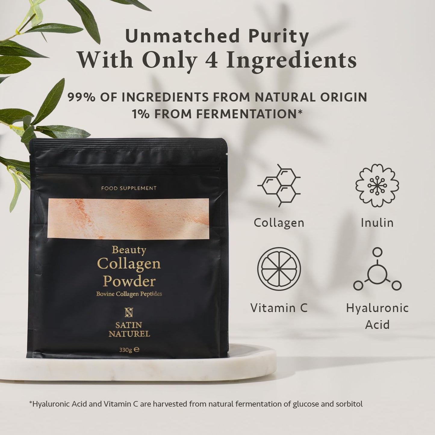 Bovine Collagen Powder 330g - 100% Pure Unflavoured Premium Hydrolysed Collagen with Hyaluronic Acid & Vitamin C - Type 1 & 3 Collagen Peptides for Joints, Muscles, Hair, Skin & Nails - Satin Naturel