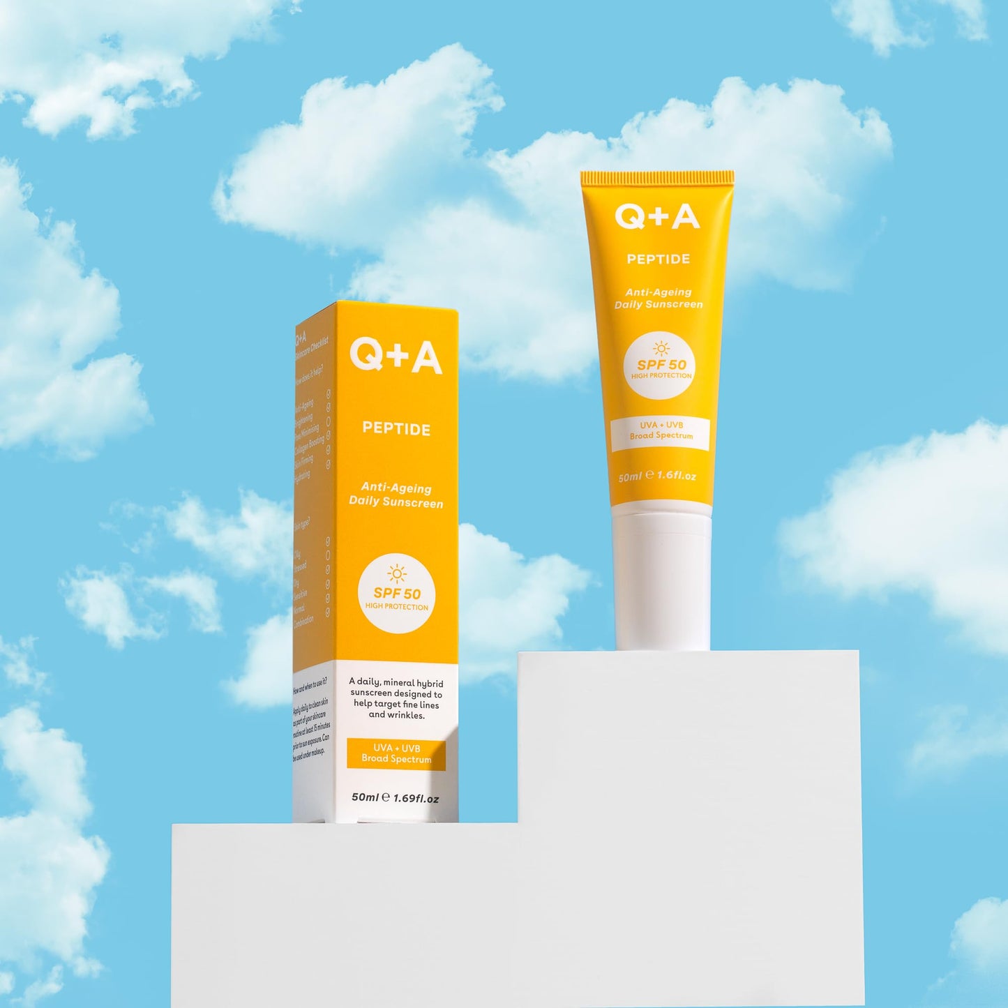 Q+A Peptide Anti-Ageing Daily Sunscreen SPF 50: Lightweight, Non-Sticky, Broad-Spectrum UVA/UVB, Collagen-Boosting, Hydrating, Radiance-Enhancing, 95% Natural, Vegan, Facial SPF, 50ml