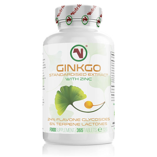 Nutriodol Ginkgo Biloba Leaf Extract | Small, Easy To Swallow Tablets | Added Zinc To Boost Cognitive Functions | 24% Flavone Glycosides 6% Lactones | Suitable for Vegans (365 x Ginkgo Biloba Tablets)