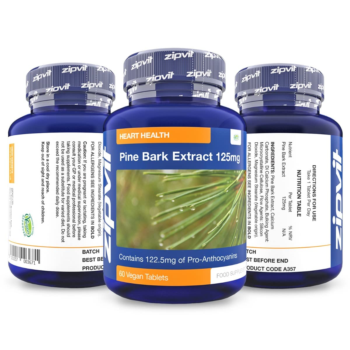 Zipvit Pine Bark Extract 125mg, 60 Vegan Tablets, High Strength Pine Bark Extract, Rich in 122.5mg Proanthocyanidins, Powerful Antioxidant Support