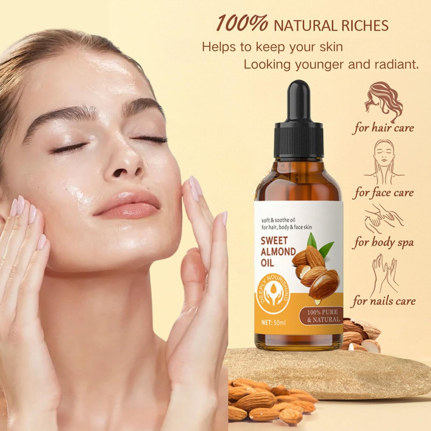 Trendyfave Sweet Almond Body Oil, Pure Almond Oil 100% Pure & Natural, Moisturising Facial Oil for Hair and Face Care, Almond Oil for Nourishes Skin, Hair & Nails, Body Massage Oil - Travel Size