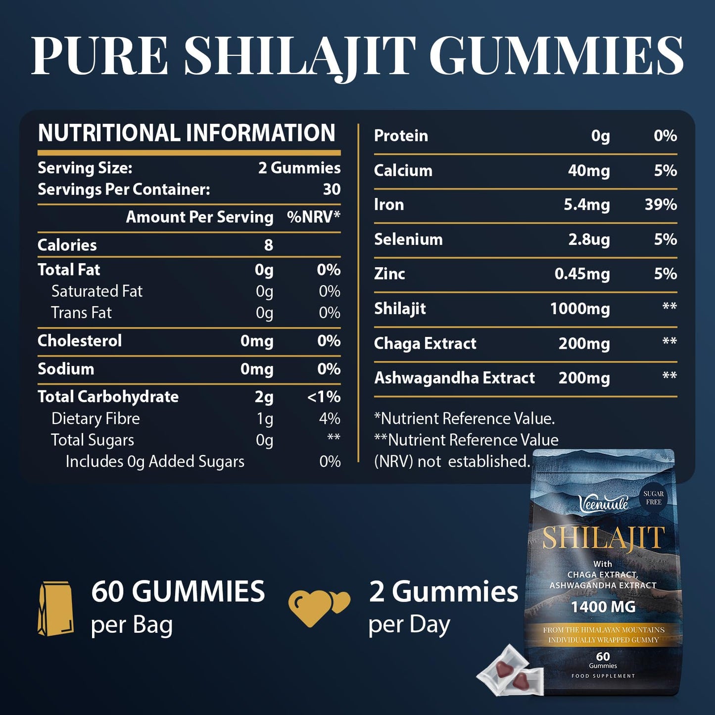 Veenuule 1400MG Shilajit Gummies, Pure High Strength Himalayan Shilajit Gummies with Chaga & Ashwagandha, Shilajit Gummies for Men & Women, 85+ Trace Minerals & Fulvic Acid, Zero Sugar, 60 Gummies