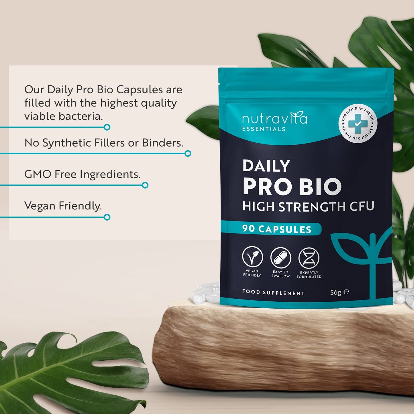 Probiotics for Gut Health - 90 Vegan Capsules (Not Tablets) for Bloating Relief - Supplements for Men & Women - Bio Cultures Complex with Lactobacillus Acidophilus - Nutravita