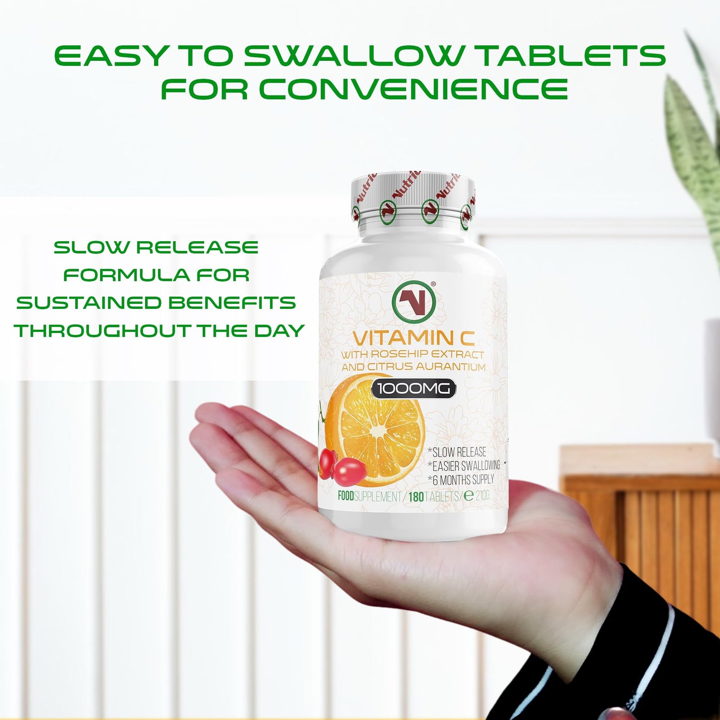 Nutriodol Vitamin C with Rosehip & Bioflavonoids 180 Tablets | 1000mg Easy to Swallow Tablets | Slow Release | Contributes to The Normal Function of The Immune System.