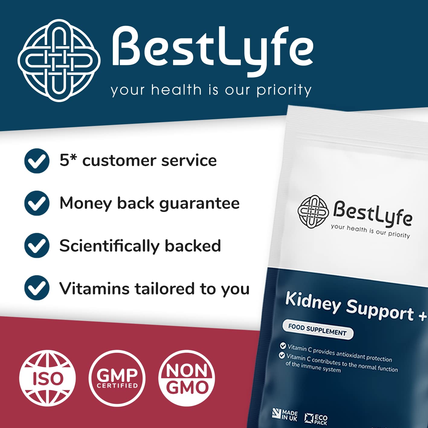 BestLyfe Your Health Is Our Priority BestLyfe Kidney Support+ Supplement | 14 Nutrients & Vitamins | Twin Pack | 120 Capsules | Liver Detox | Kidney Cleanse | Gallbladder and Spleen Support | Healthy Urinary Tract | UK Made