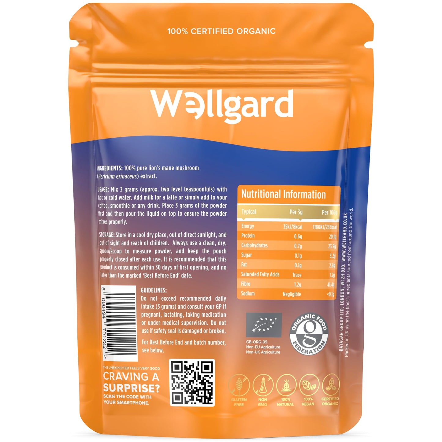 Wellgard Organic Lion's Mane Mushroom Powder 90 Grams - Mushroom Supplement, Dual Extract, Easy to Use, Certified Organic