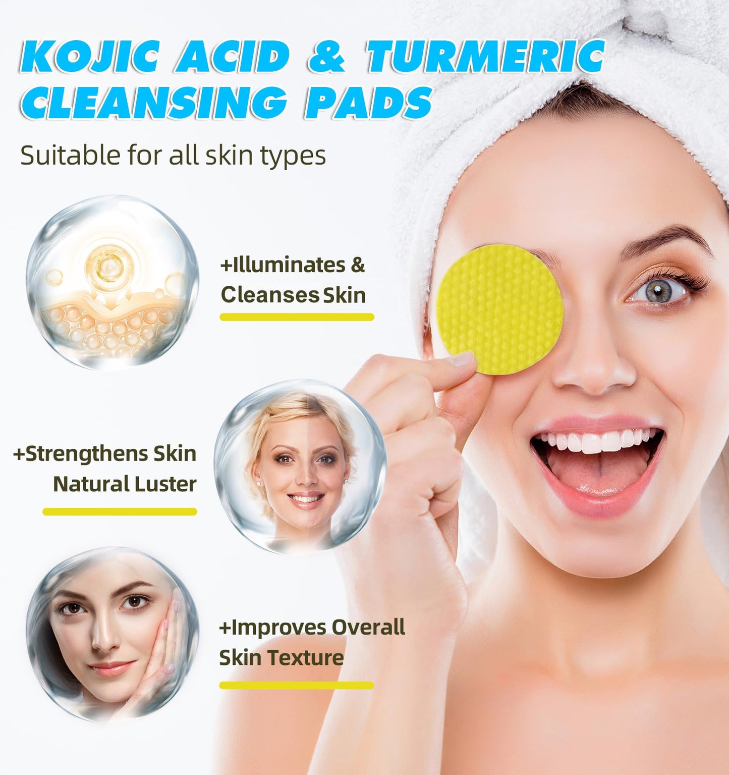 Generic Kojic Acid and Turmeric Pads,Turmeric kojic Acid Pads, Turmeric and Kojic Acid Cleansing Pads for Face, Turmeric Cleansing Pads for Dark spots, Exfoliating, Acne Scars (60 PCS)